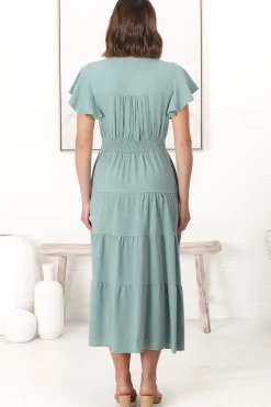 Amy Midi Dress - Flutter Cap Sleeve Buttoned Down V Neck Dress in Sage><noscript><img width=