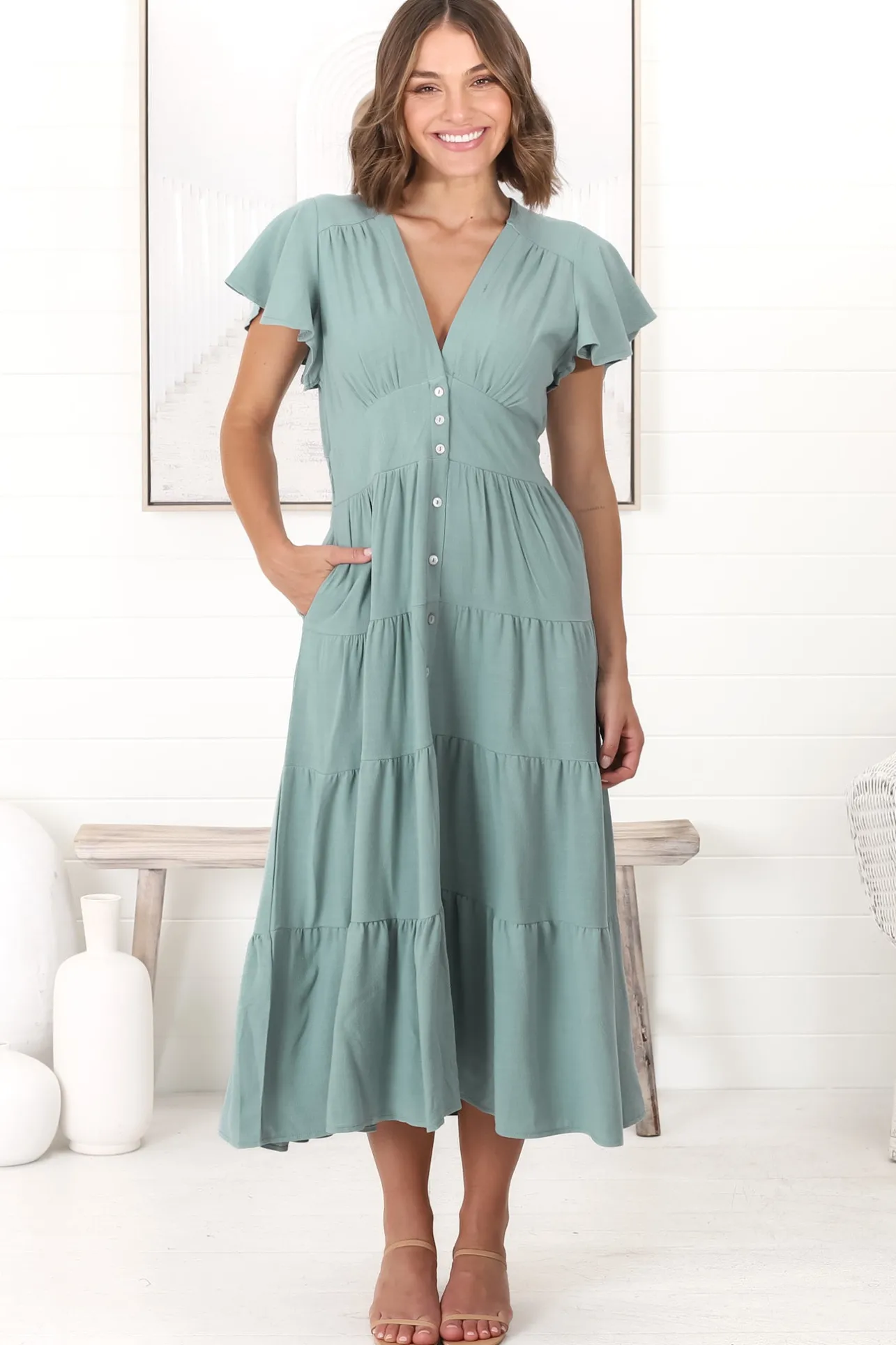 Amy Midi Dress - Flutter Cap Sleeve Buttoned Down V Neck Dress in Sage>Salty Crush Hot