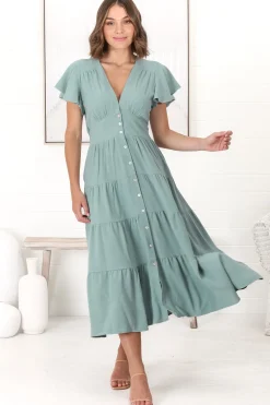 Amy Midi Dress - Flutter Cap Sleeve Buttoned Down V Neck Dress in Sage><noscript><img width=
