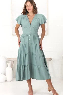 Amy Midi Dress - Flutter Cap Sleeve Buttoned Down V Neck Dress in Sage><noscript><img width=