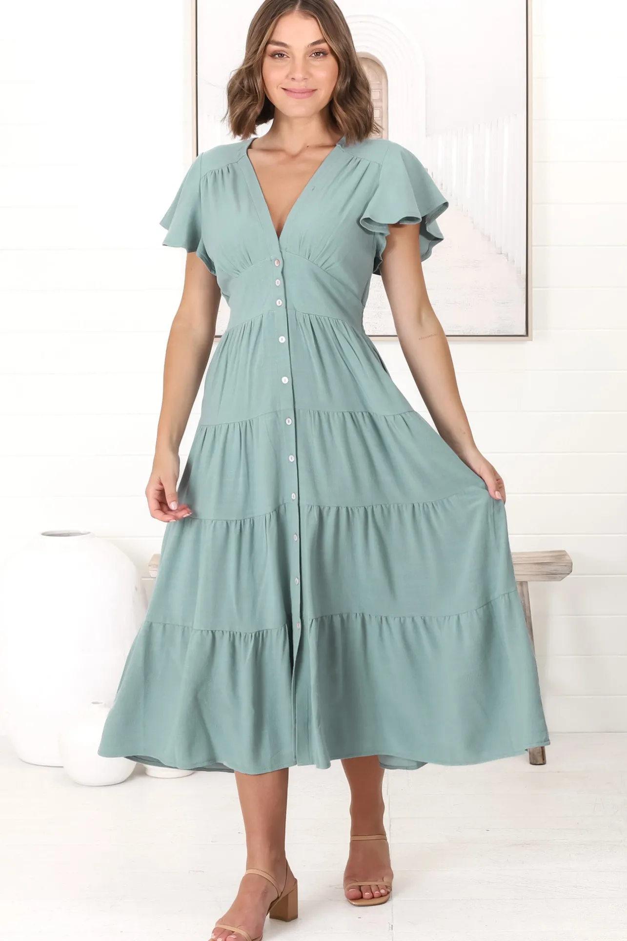 Amy Midi Dress - Flutter Cap Sleeve Buttoned Down V Neck Dress in Sage>Salty Crush Hot