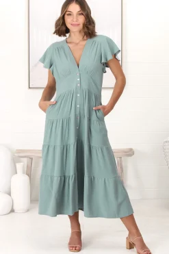 Amy Midi Dress - Flutter Cap Sleeve Buttoned Down V Neck Dress in Sage><noscript><img width=