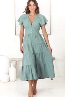 Amy Midi Dress - Flutter Cap Sleeve Buttoned Down V Neck Dress in Sage><noscript><img width=