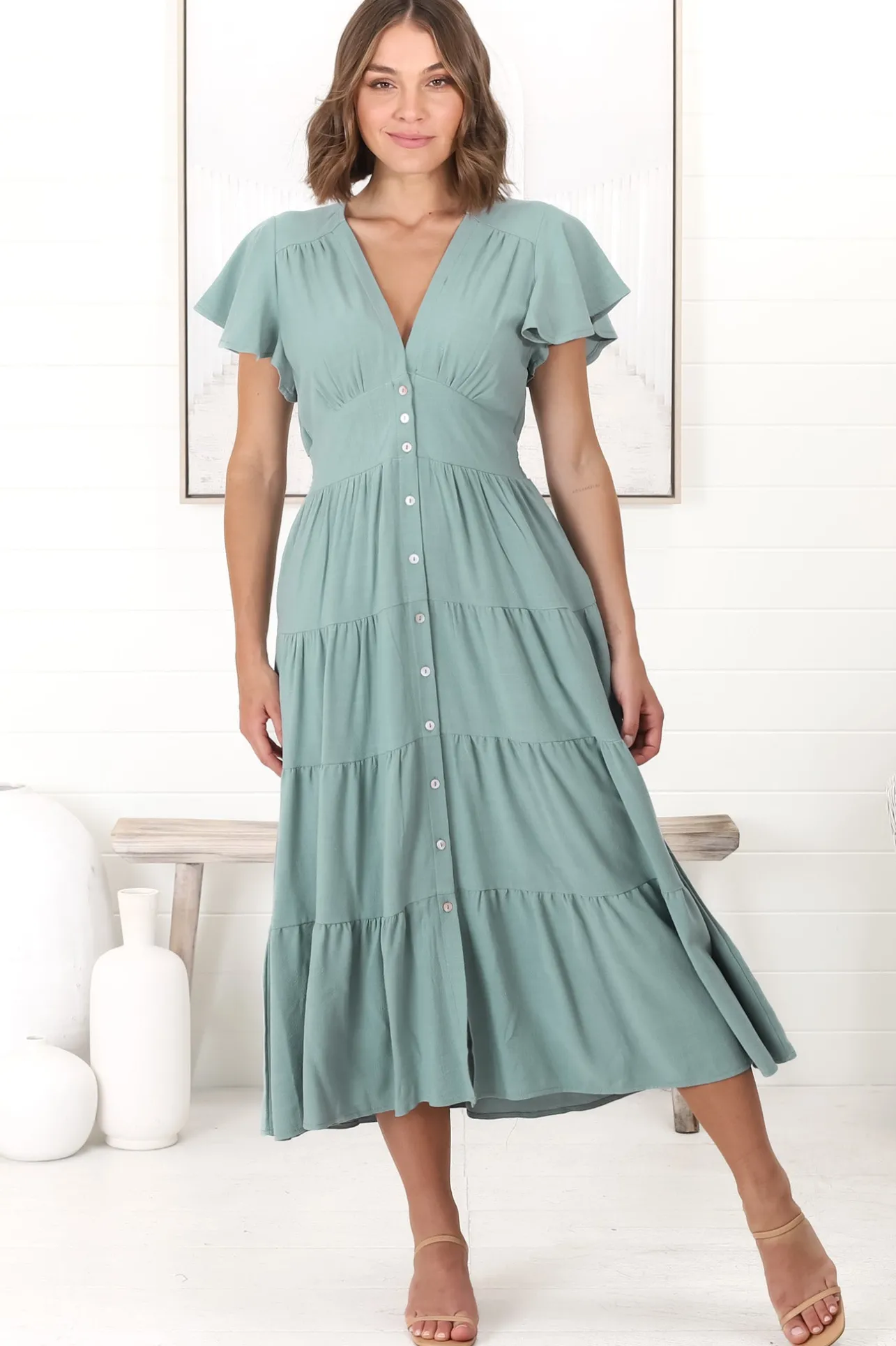 Amy Midi Dress - Flutter Cap Sleeve Buttoned Down V Neck Dress in Sage>Salty Crush Hot