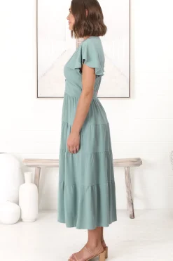 Amy Midi Dress - Flutter Cap Sleeve Buttoned Down V Neck Dress in Sage><noscript><img width=