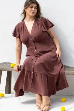 Amy Midi Dress - Flutter Cap Sleeve Buttoned Down V Neck Dress in Chocolate>Salty Crush Clearance