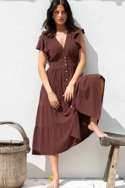 Amy Midi Dress - Flutter Cap Sleeve Buttoned Down V Neck Dress in Chocolate><noscript><img width=