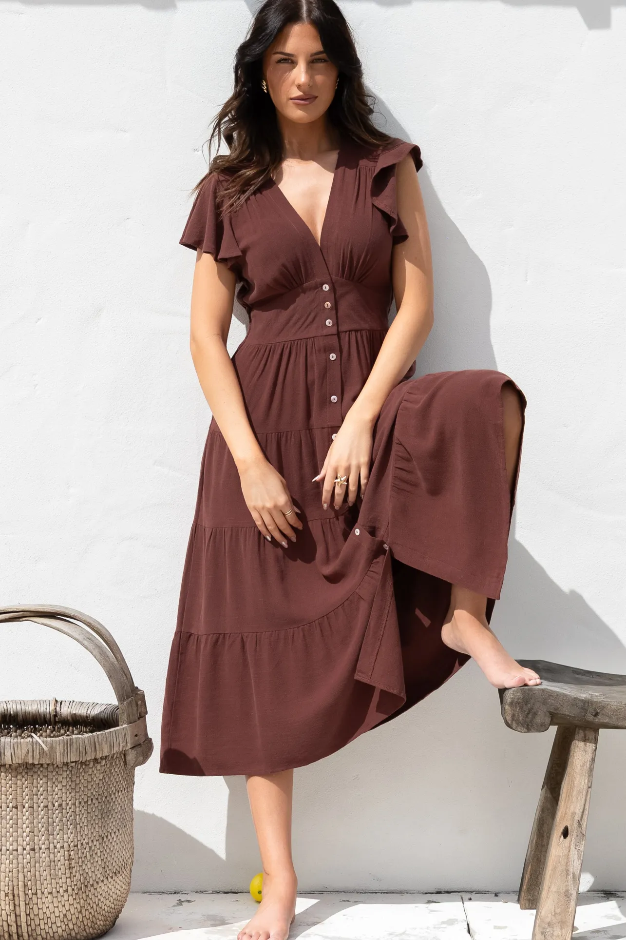 Amy Midi Dress - Flutter Cap Sleeve Buttoned Down V Neck Dress in Chocolate>Salty Crush Clearance