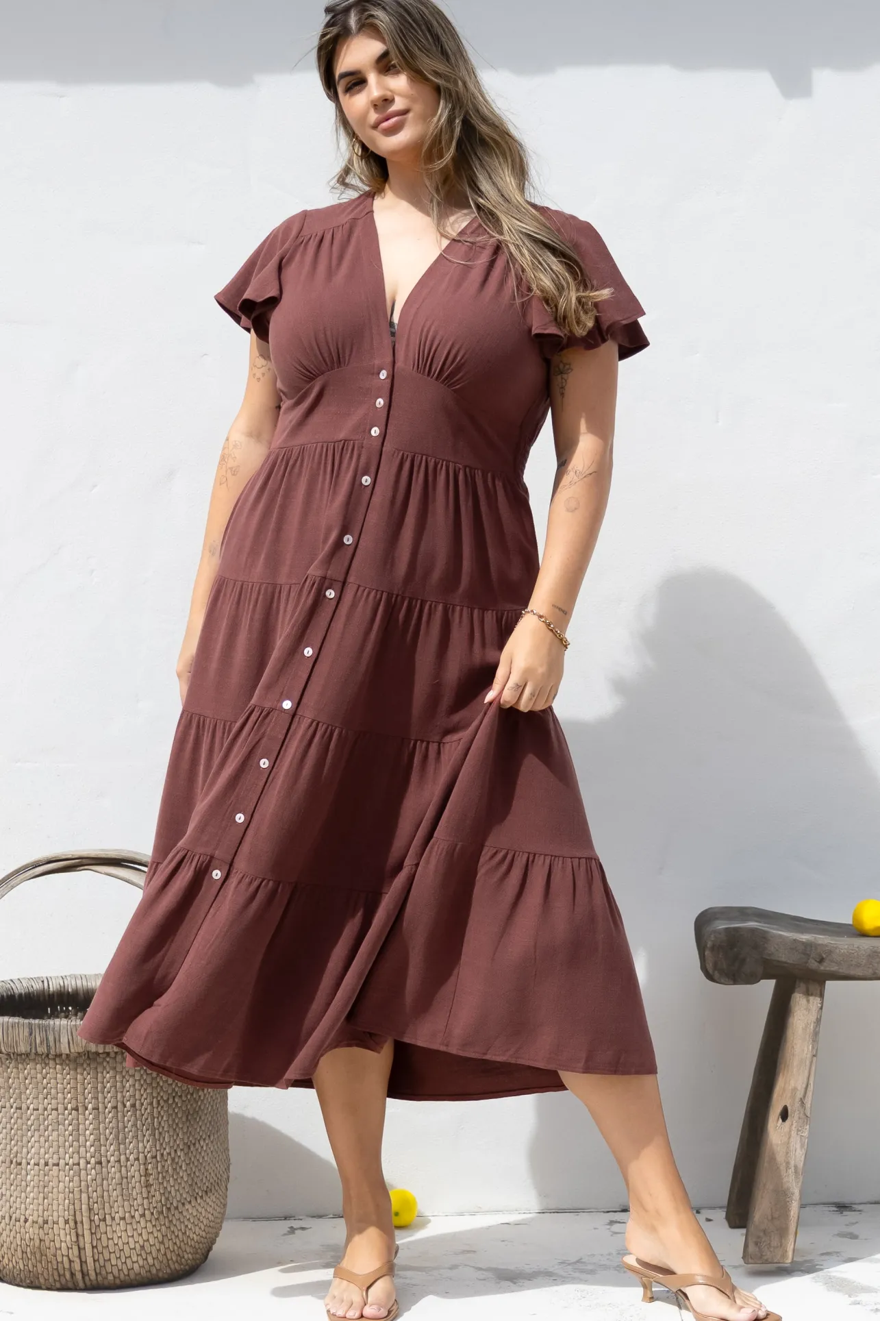 Amy Midi Dress - Flutter Cap Sleeve Buttoned Down V Neck Dress in Chocolate>Salty Crush Clearance