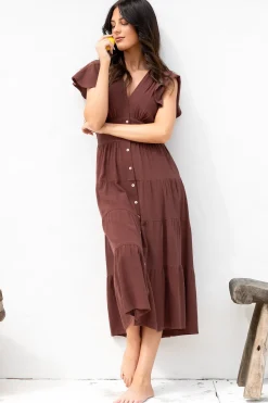 Amy Midi Dress - Flutter Cap Sleeve Buttoned Down V Neck Dress in Chocolate><noscript><img width=