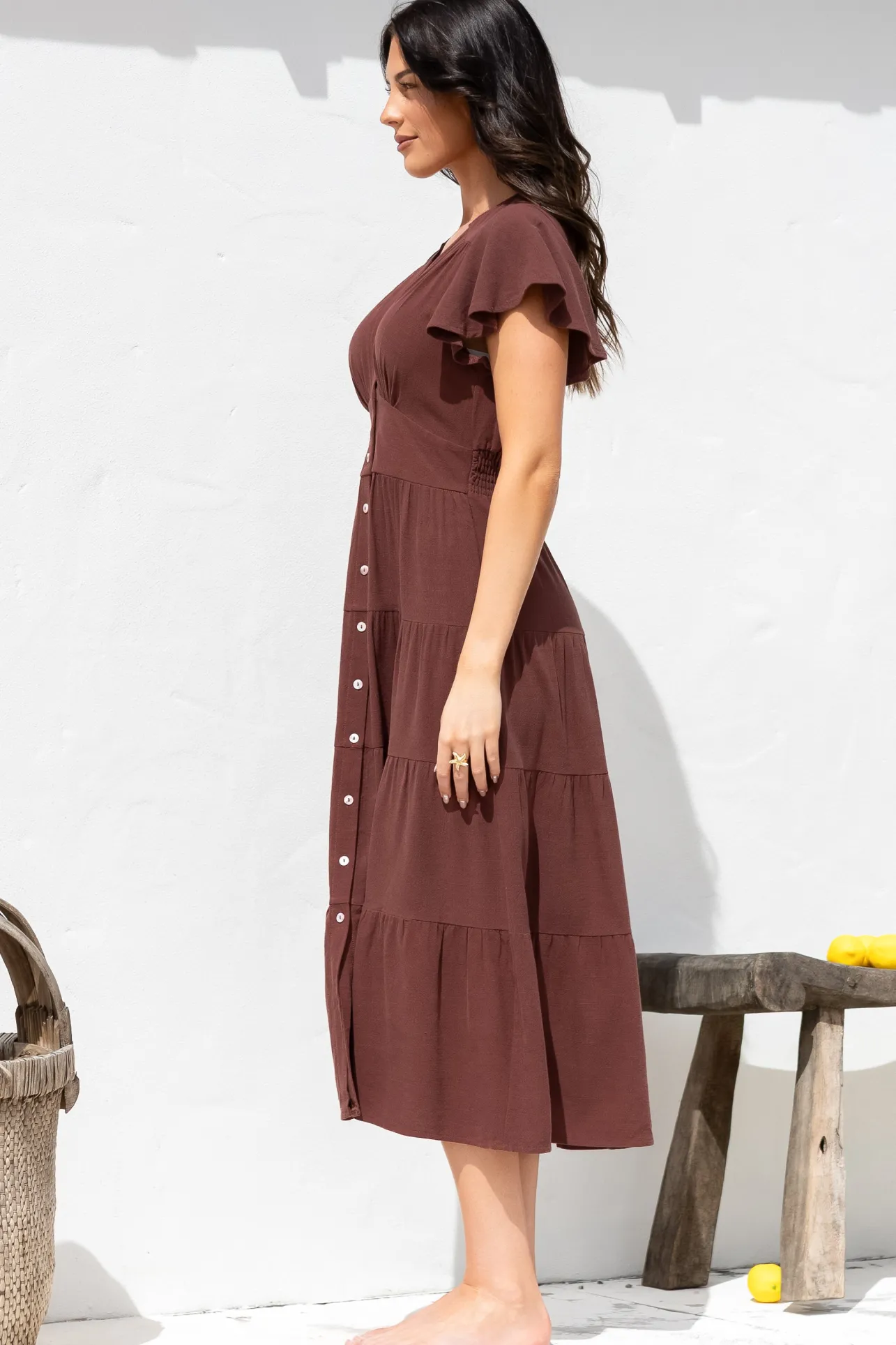 Amy Midi Dress - Flutter Cap Sleeve Buttoned Down V Neck Dress in Chocolate>Salty Crush Clearance