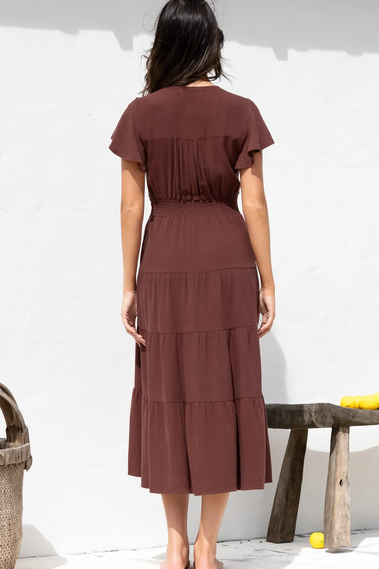 Amy Midi Dress - Flutter Cap Sleeve Buttoned Down V Neck Dress in Chocolate>Salty Crush Clearance
