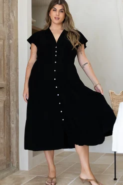 Amy Midi Dress - Flutter Cap Sleeve Buttoned Down V Neck Dress in Black>Salty Crush Best