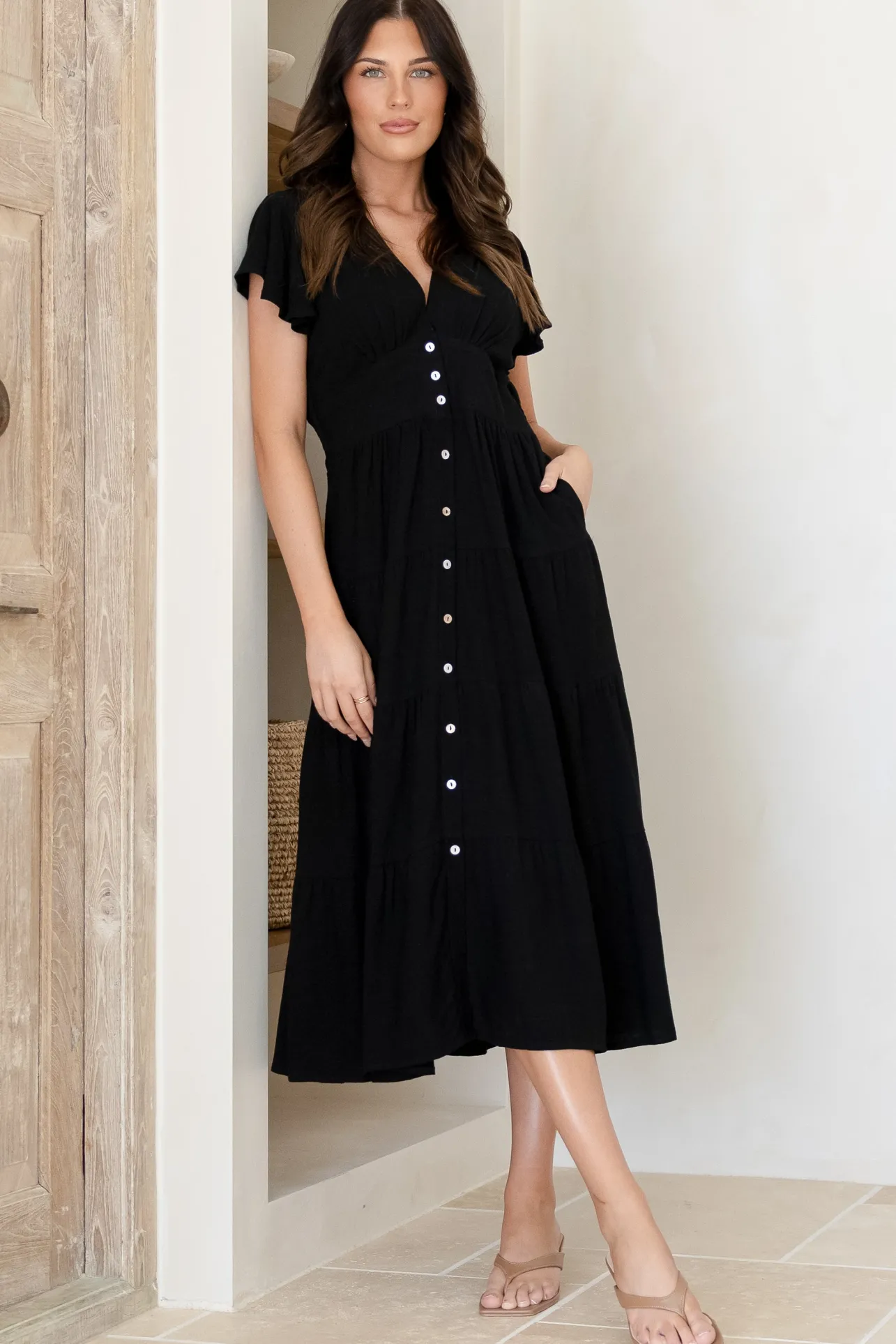 Amy Midi Dress - Flutter Cap Sleeve Buttoned Down V Neck Dress in Black>Salty Crush Best