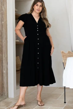 Amy Midi Dress - Flutter Cap Sleeve Buttoned Down V Neck Dress in Black><noscript><img width=