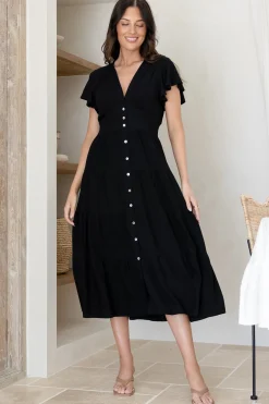 Amy Midi Dress - Flutter Cap Sleeve Buttoned Down V Neck Dress in Black><noscript><img width=