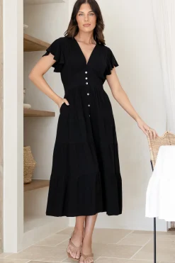 Amy Midi Dress - Flutter Cap Sleeve Buttoned Down V Neck Dress in Black><noscript><img width=
