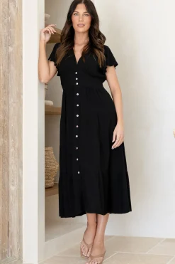 Amy Midi Dress - Flutter Cap Sleeve Buttoned Down V Neck Dress in Black><noscript><img width=