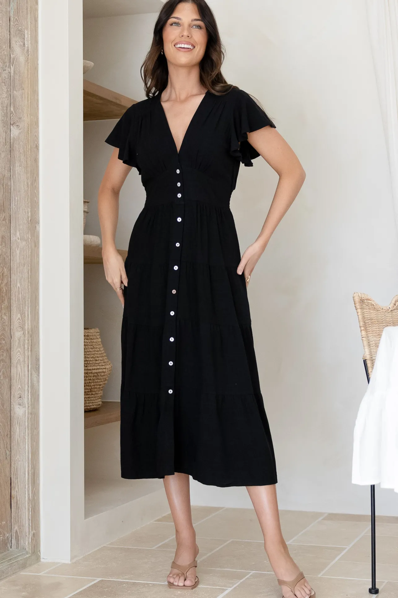 Amy Midi Dress - Flutter Cap Sleeve Buttoned Down V Neck Dress in Black>Salty Crush Best