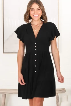 Amy Mini Dress - Frill Cap Sleeve Button Down V Neck Dress in Black><noscript><img width=