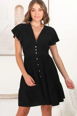 Amy Mini Dress - Frill Cap Sleeve Button Down V Neck Dress in Black><noscript><img width=