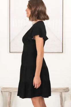 Amy Mini Dress - Frill Cap Sleeve Button Down V Neck Dress in Black><noscript><img width=