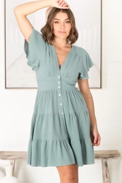 Amy Mini Dress - Frill Cap Sleeve Button Down V Neck Dress in Sage><noscript><img width=