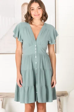 Amy Mini Dress - Frill Cap Sleeve Button Down V Neck Dress in Sage><noscript><img width=