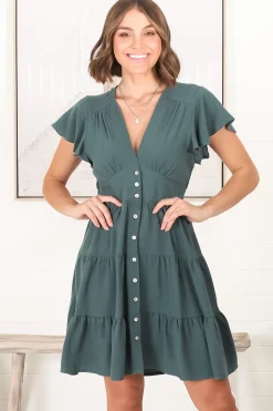 Amy Mini Dress - Frill Cap Sleeve Button Down V Neck Dress in Emerald><noscript><img width=