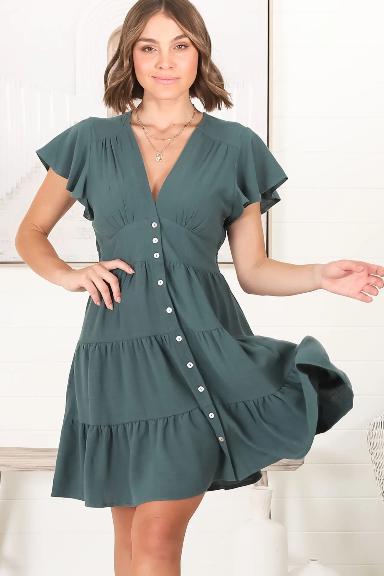 Amy Mini Dress - Frill Cap Sleeve Button Down V Neck Dress in Emerald>Salty Crush Hot