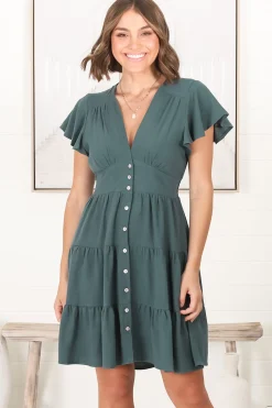 Amy Mini Dress - Frill Cap Sleeve Button Down V Neck Dress in Emerald><noscript><img width=