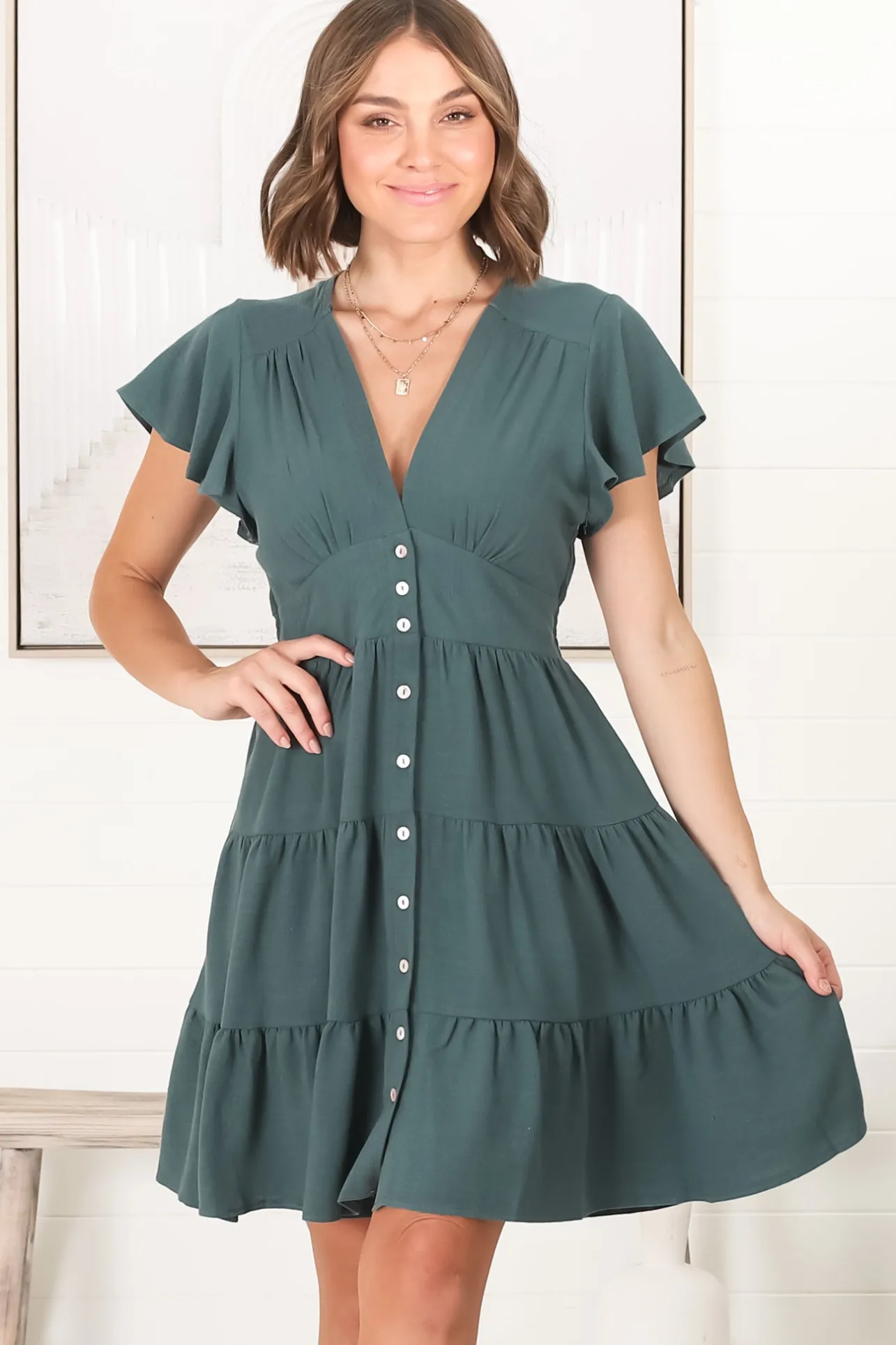 Amy Mini Dress - Frill Cap Sleeve Button Down V Neck Dress in Emerald>Salty Crush Hot