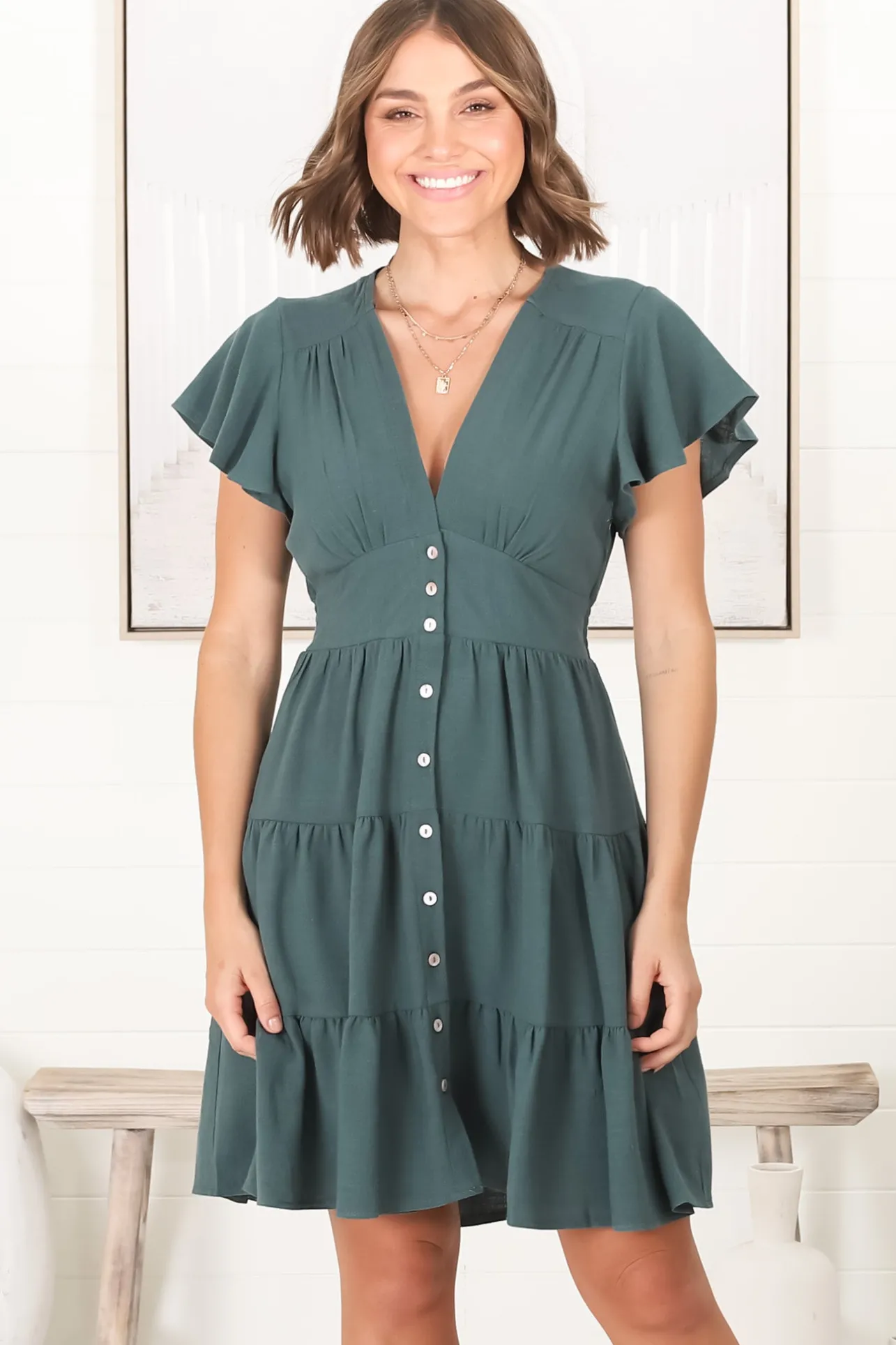 Amy Mini Dress - Frill Cap Sleeve Button Down V Neck Dress in Emerald>Salty Crush Hot