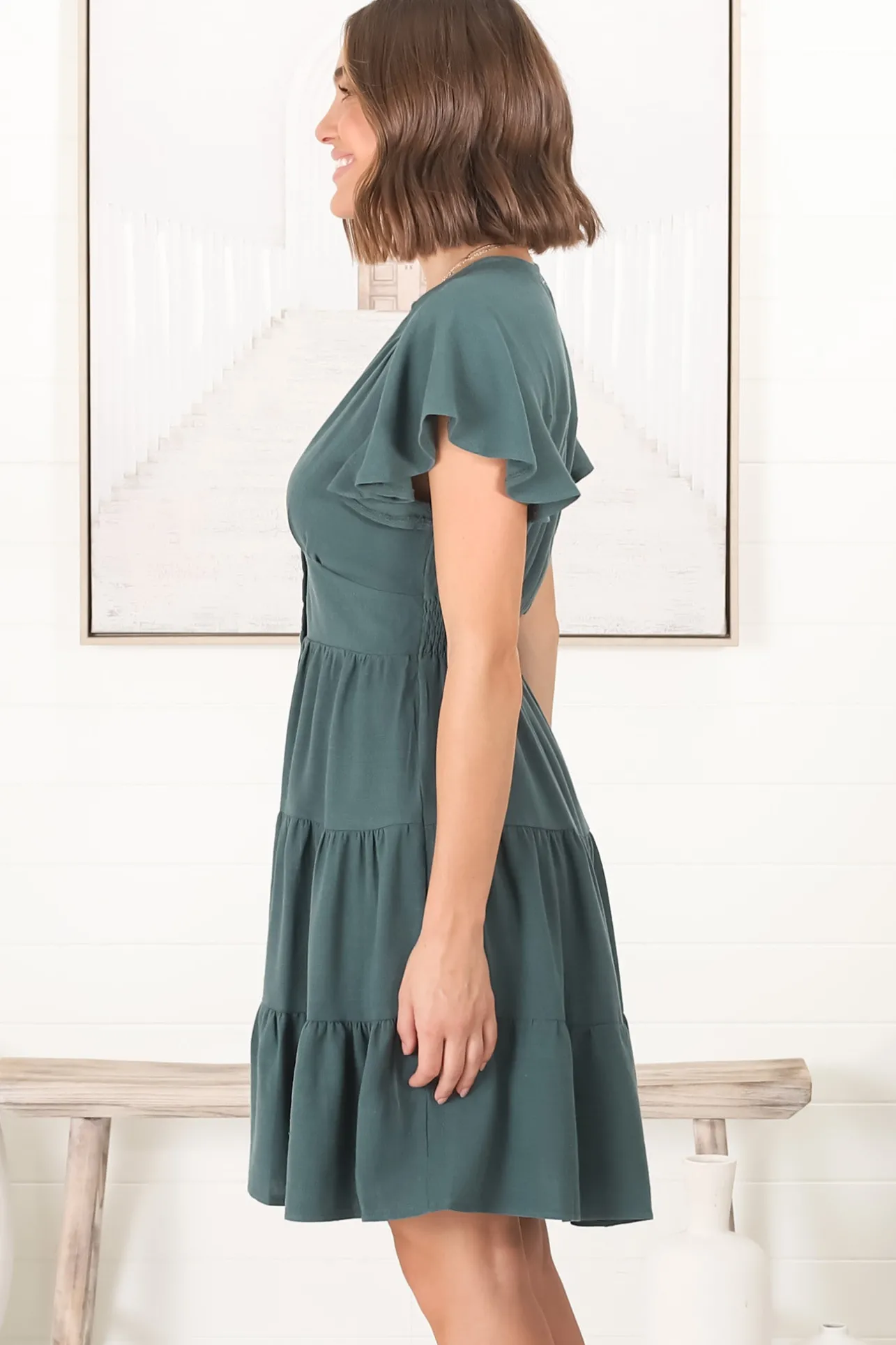 Amy Mini Dress - Frill Cap Sleeve Button Down V Neck Dress in Emerald>Salty Crush Hot