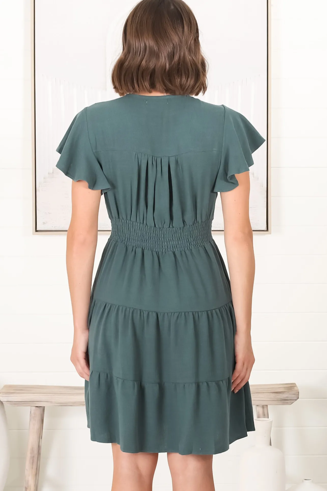 Amy Mini Dress - Frill Cap Sleeve Button Down V Neck Dress in Emerald>Salty Crush Hot