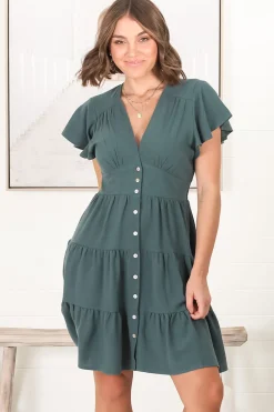 Amy Mini Dress - Frill Cap Sleeve Button Down V Neck Dress in Emerald><noscript><img width=
