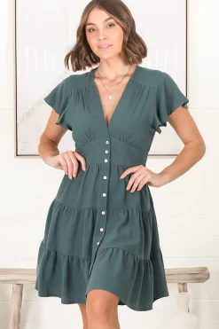 Amy Mini Dress - Frill Cap Sleeve Button Down V Neck Dress in Emerald><noscript><img width=