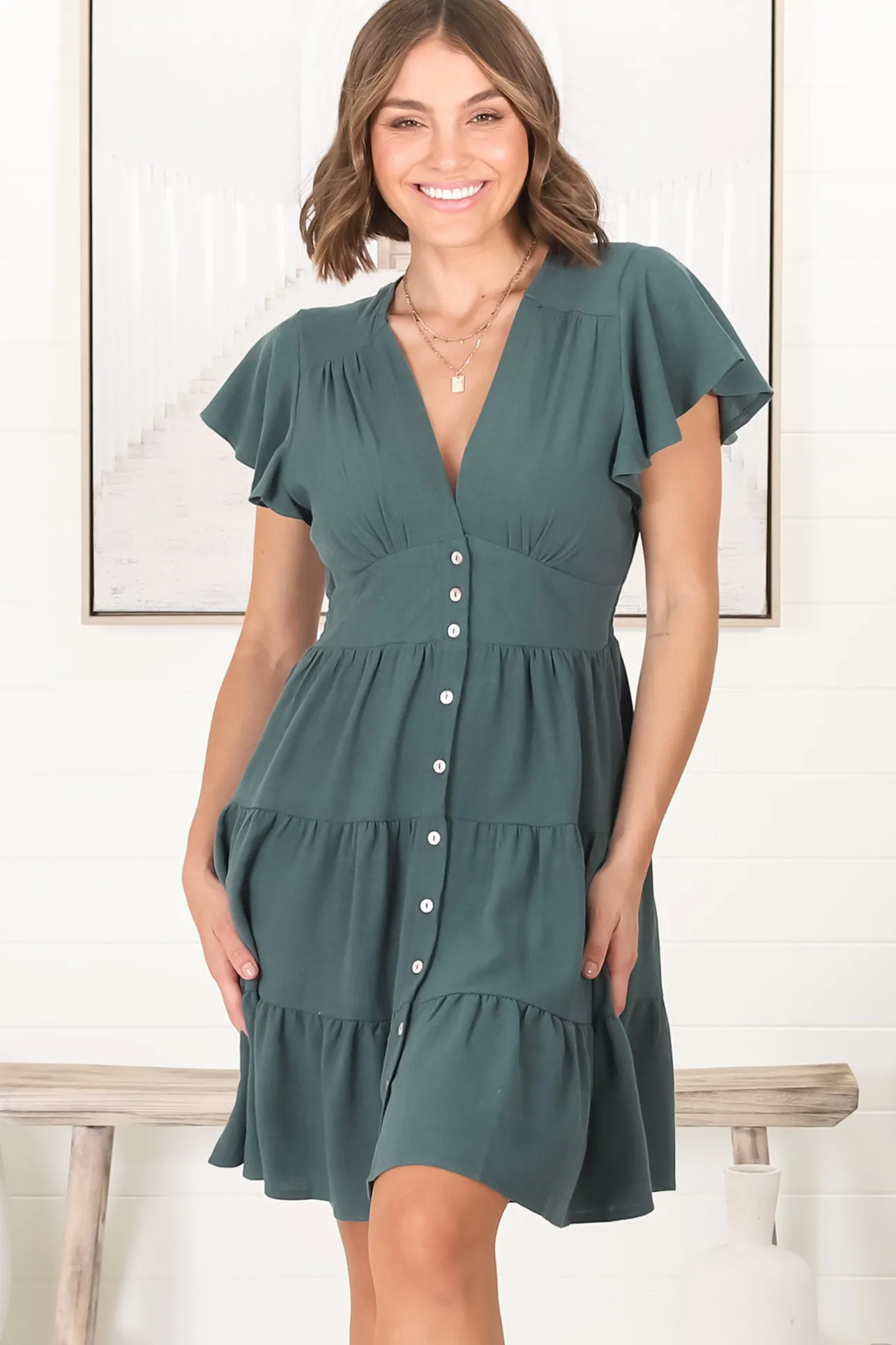 Amy Mini Dress - Frill Cap Sleeve Button Down V Neck Dress in Emerald>Salty Crush Hot