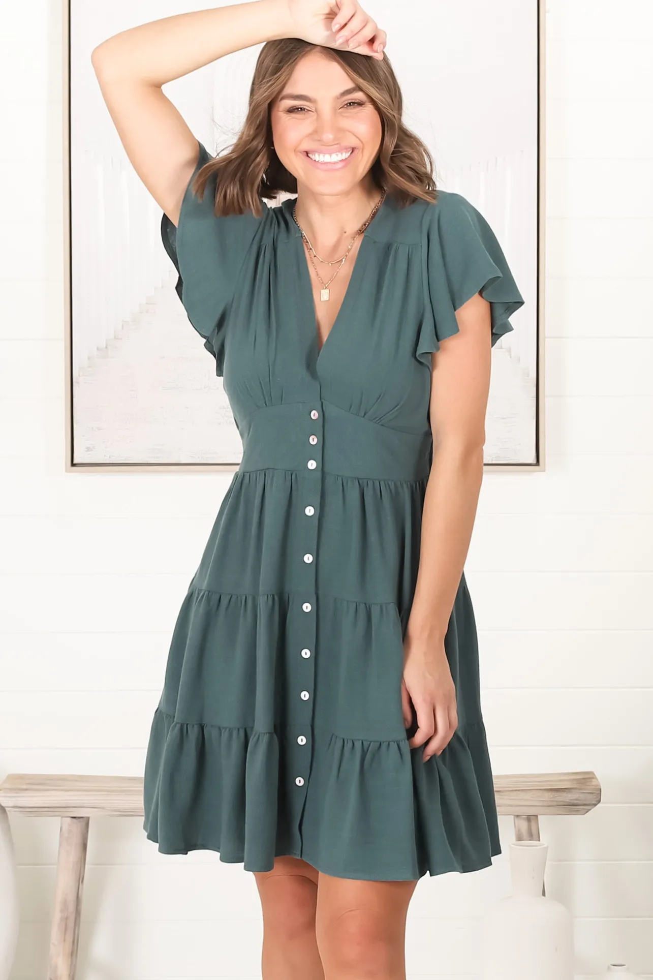 Amy Mini Dress - Frill Cap Sleeve Button Down V Neck Dress in Emerald>Salty Crush Hot