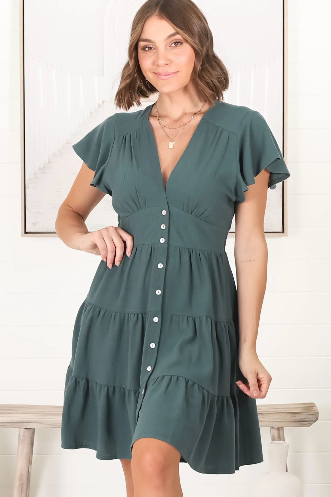 Amy Mini Dress - Frill Cap Sleeve Button Down V Neck Dress in Emerald>Salty Crush Hot