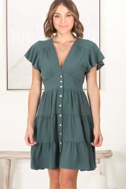 Amy Mini Dress - Frill Cap Sleeve Button Down V Neck Dress in Emerald><noscript><img width=