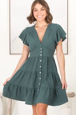 Amy Mini Dress - Frill Cap Sleeve Button Down V Neck Dress in Emerald><noscript><img width=