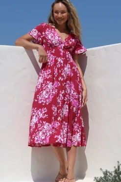 Anais Midi Dress - Cap Flutter Sleeve Button Down A Line Dress in Kimberly Print>Salty Crush Discount