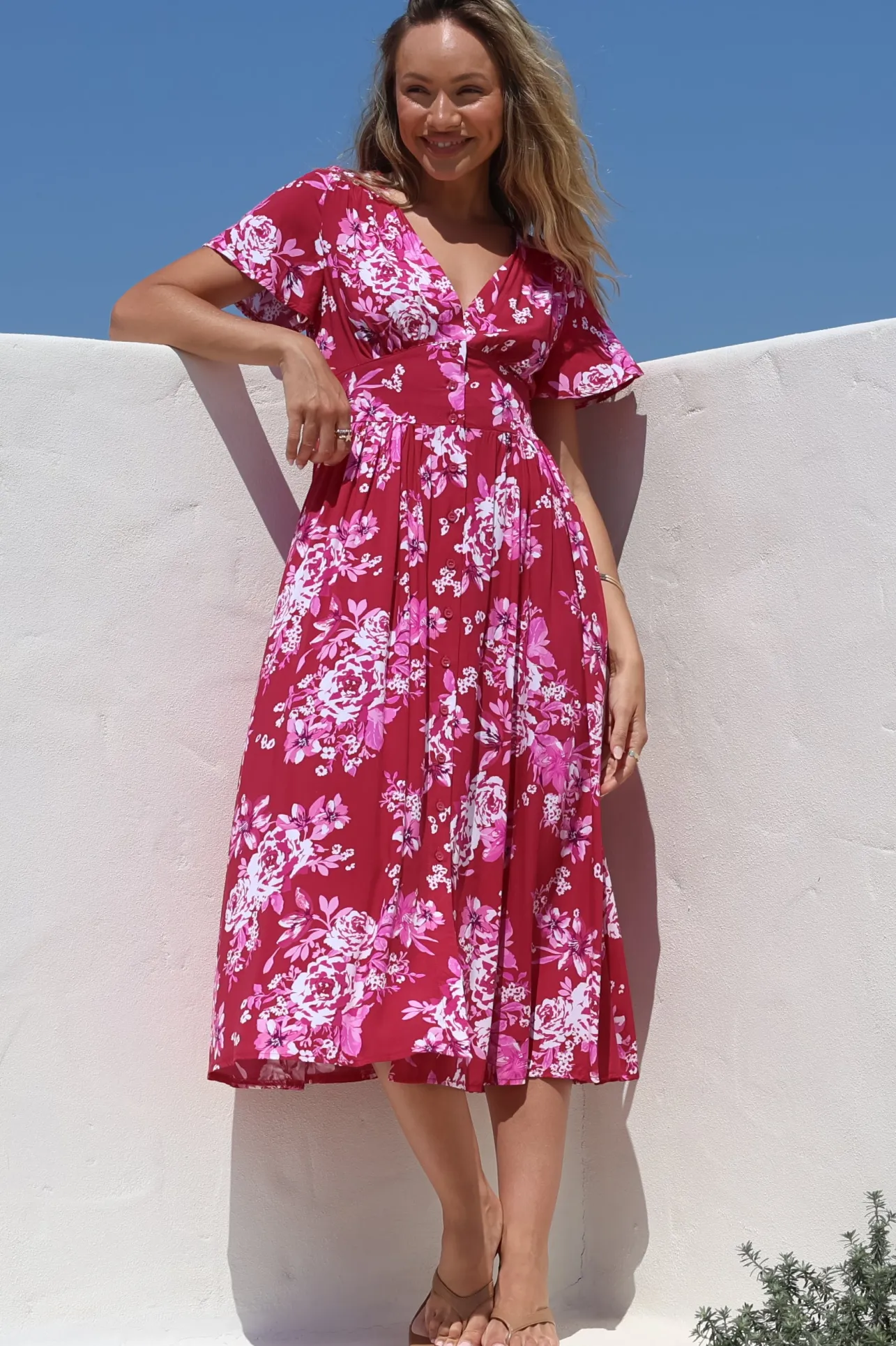 Anais Midi Dress - Cap Flutter Sleeve Button Down A Line Dress in Kimberly Print>Salty Crush Discount