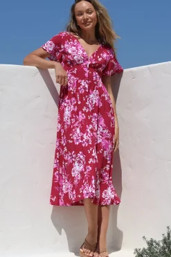 Anais Midi Dress - Cap Flutter Sleeve Button Down A Line Dress in Kimberly Print>Salty Crush Discount
