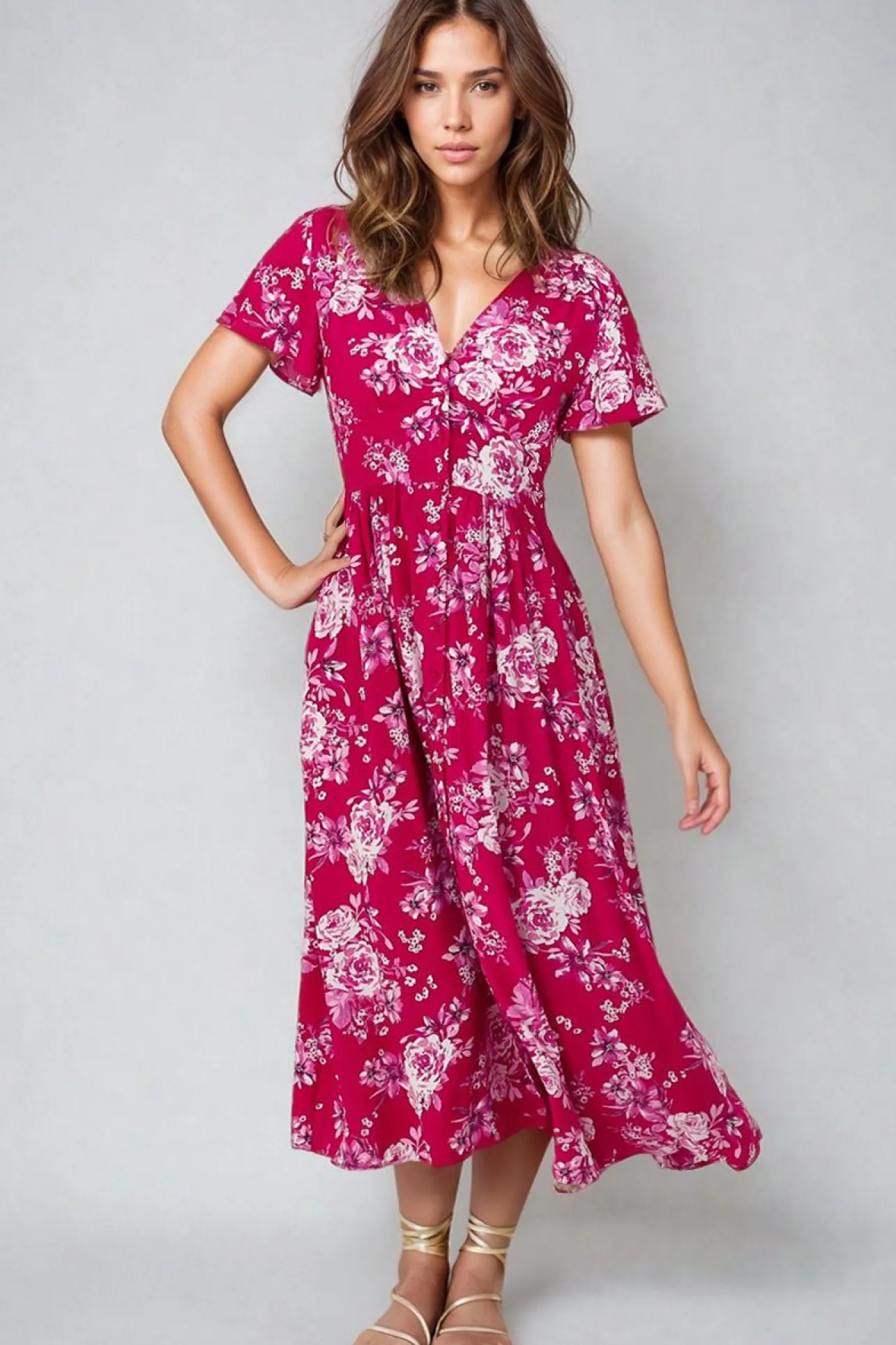 Anais Midi Dress - Cap Flutter Sleeve Button Down A Line Dress in Kimberly Print>Salty Crush Discount