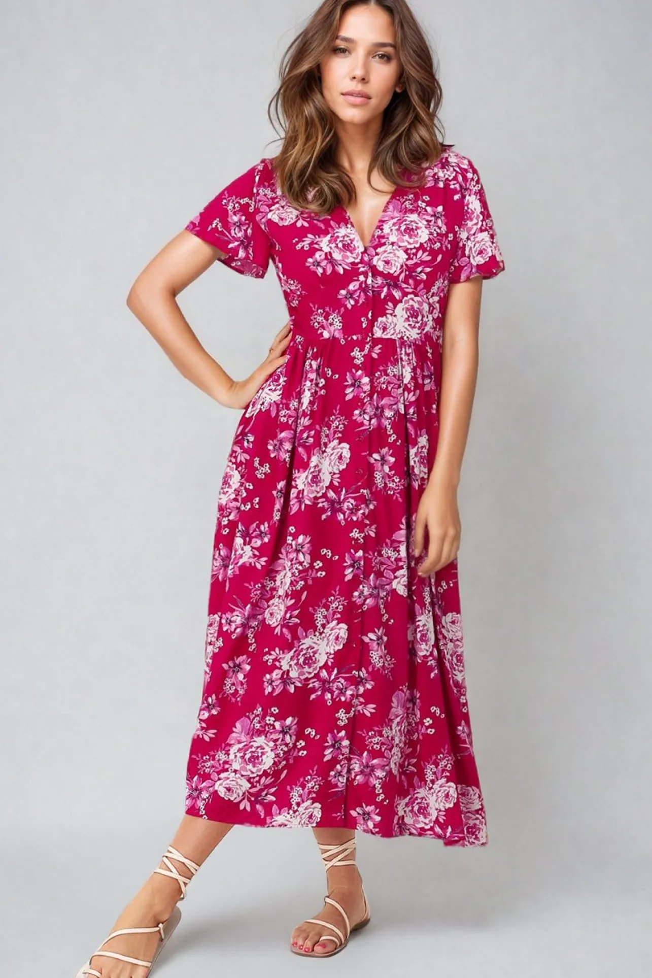 Anais Midi Dress - Cap Flutter Sleeve Button Down A Line Dress in Kimberly Print>Salty Crush Discount