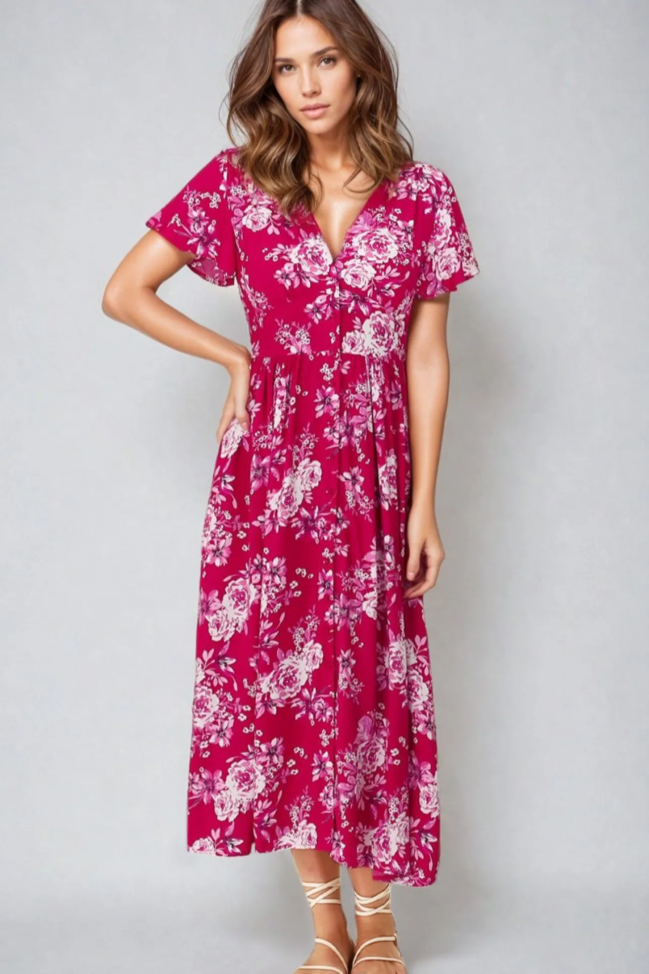 Anais Midi Dress - Cap Flutter Sleeve Button Down A Line Dress in Kimberly Print>Salty Crush Discount