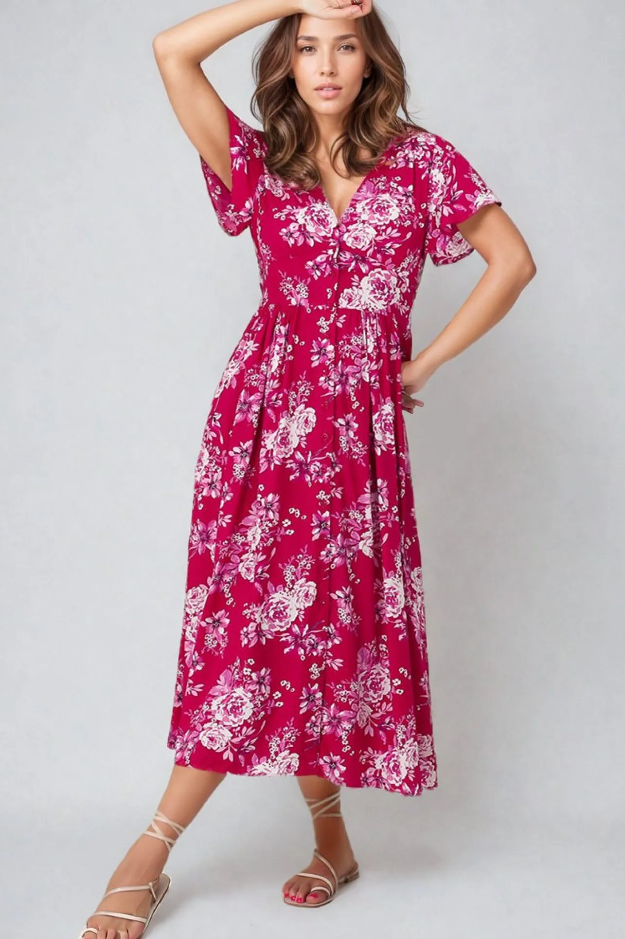Anais Midi Dress - Cap Flutter Sleeve Button Down A Line Dress in Kimberly Print>Salty Crush Discount