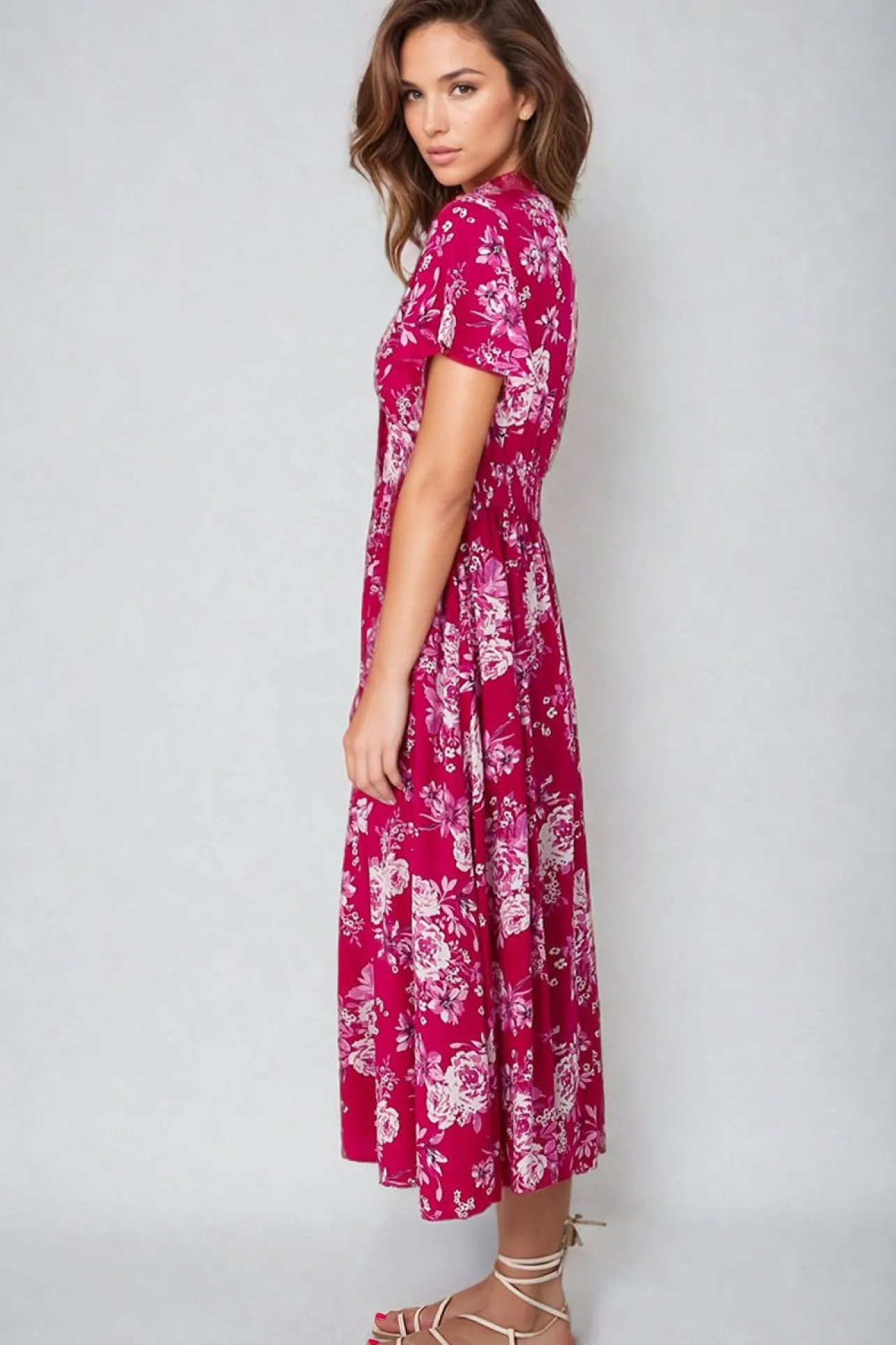 Anais Midi Dress - Cap Flutter Sleeve Button Down A Line Dress in Kimberly Print>Salty Crush Discount